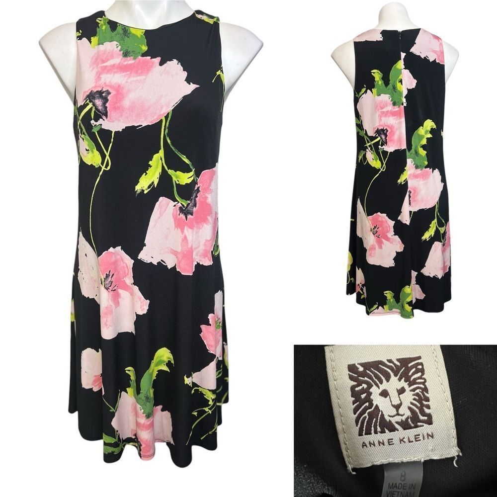 Anne Klein dress‎ size 8 black pink floral sleeveless swing knee length